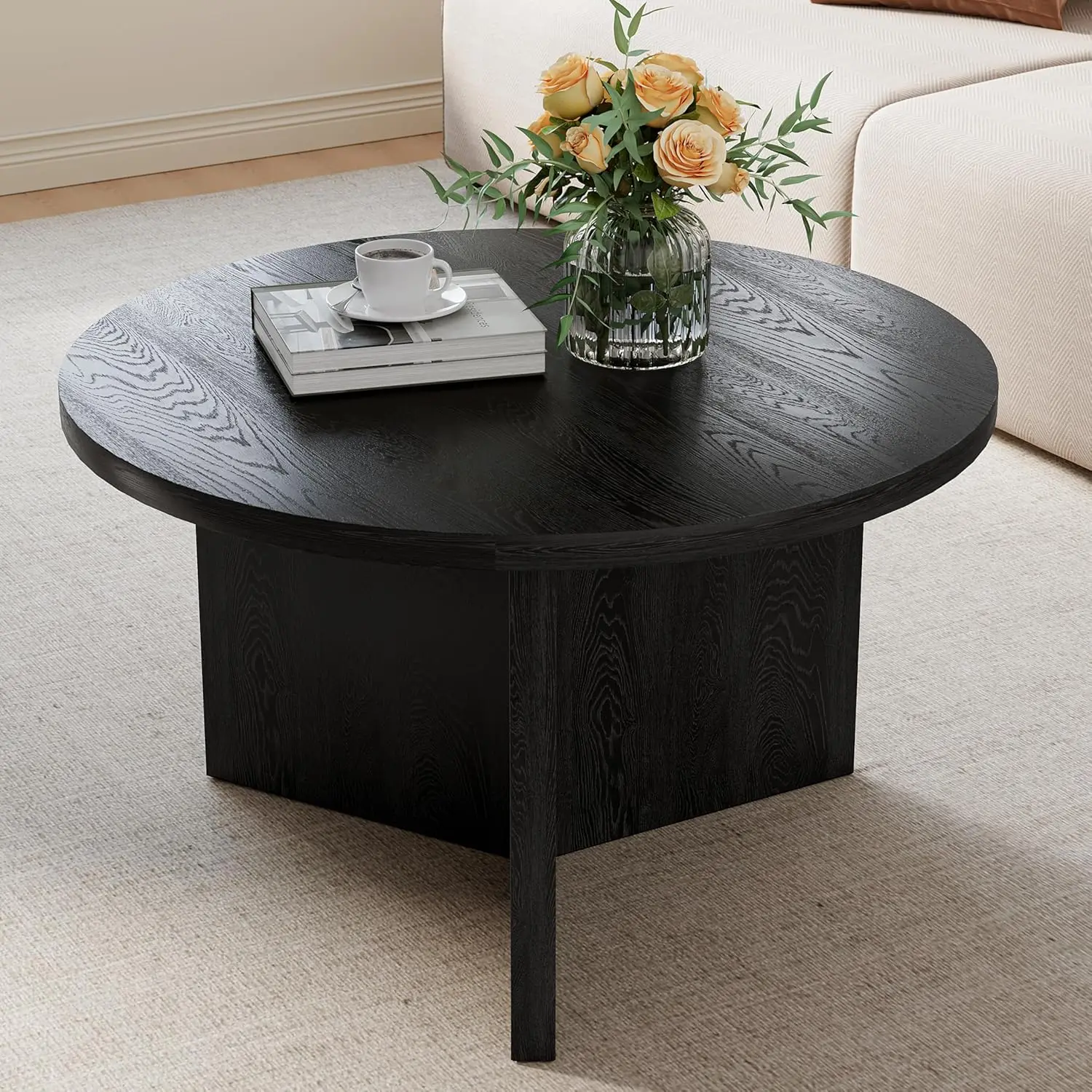 27.5" Round Black Coffee Table, Modern Wood Grain Center Table with Triangle Pedestal Base, Low Profile Circular, Customized
27.5" Round Black Coffee Table, Modern Wood Grain Center Table with Triangle Pedestal Base, Low Profile Circular, Customized