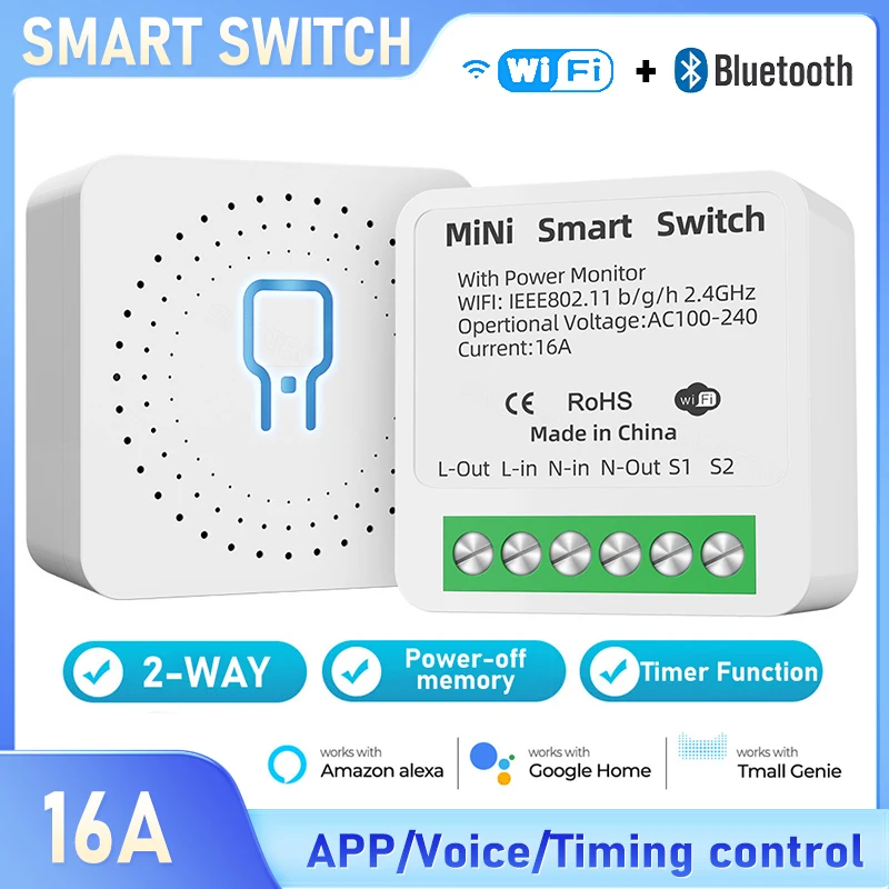 Tuya Smart Bluetooth + WiFi Switch Mini Smart Home Wireless Switch,APP/Voice Remote Control 16A 2-Way With Power Monitor
Tuya Smart Bluetooth + WiFi Switch Mini Smart Home Wireless Switch,APP/Voice Remote Control 16A 2-Way With Power Monitor