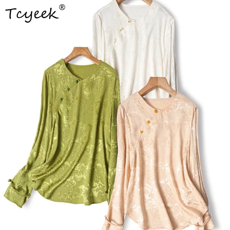 Tcyeek 93% Mulberry Silk 7% Spandex Spring Summer Chinese Style Long Sleeved Round Neck Loose Solid Color Women's Shirts 여름옷
Tcyeek 93% Mulberry Silk 7% Spandex Spring Summer Chinese Style Long Sleeved Round Neck Loose Solid Color Women's Shirts 여름옷