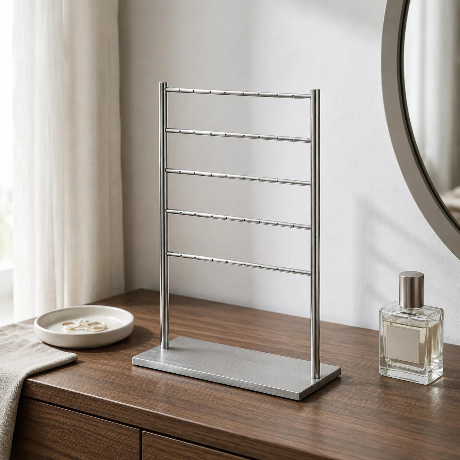 Metal Jewelry Stand Horizontal Rods Earring Holder Tabletop Jewelry Rack Silver Finish Accessory Storage Freestanding
Metal Jewelry Stand Horizontal Rods Earring Holder Tabletop Jewelry Rack Silver Finish Accessory Storage Freestanding