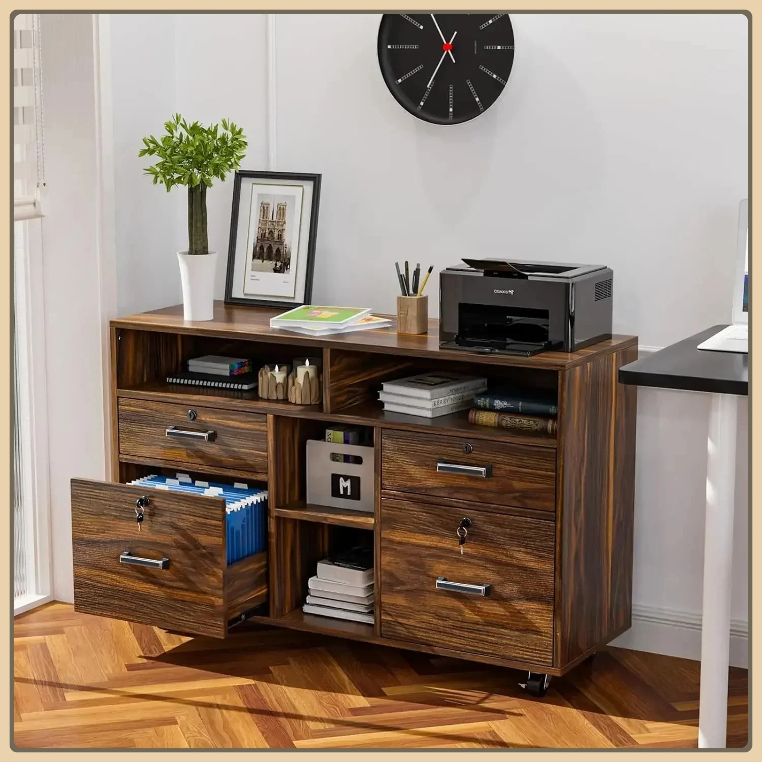 Lockable Rolling File Cabinets,Wide 4 Drawer File Cabinet with Lock, Wood Lateral File Cabinet with Open Shelves
Lockable Rolling File Cabinets,Wide 4 Drawer File Cabinet with Lock, Wood Lateral File Cabinet with Open Shelves