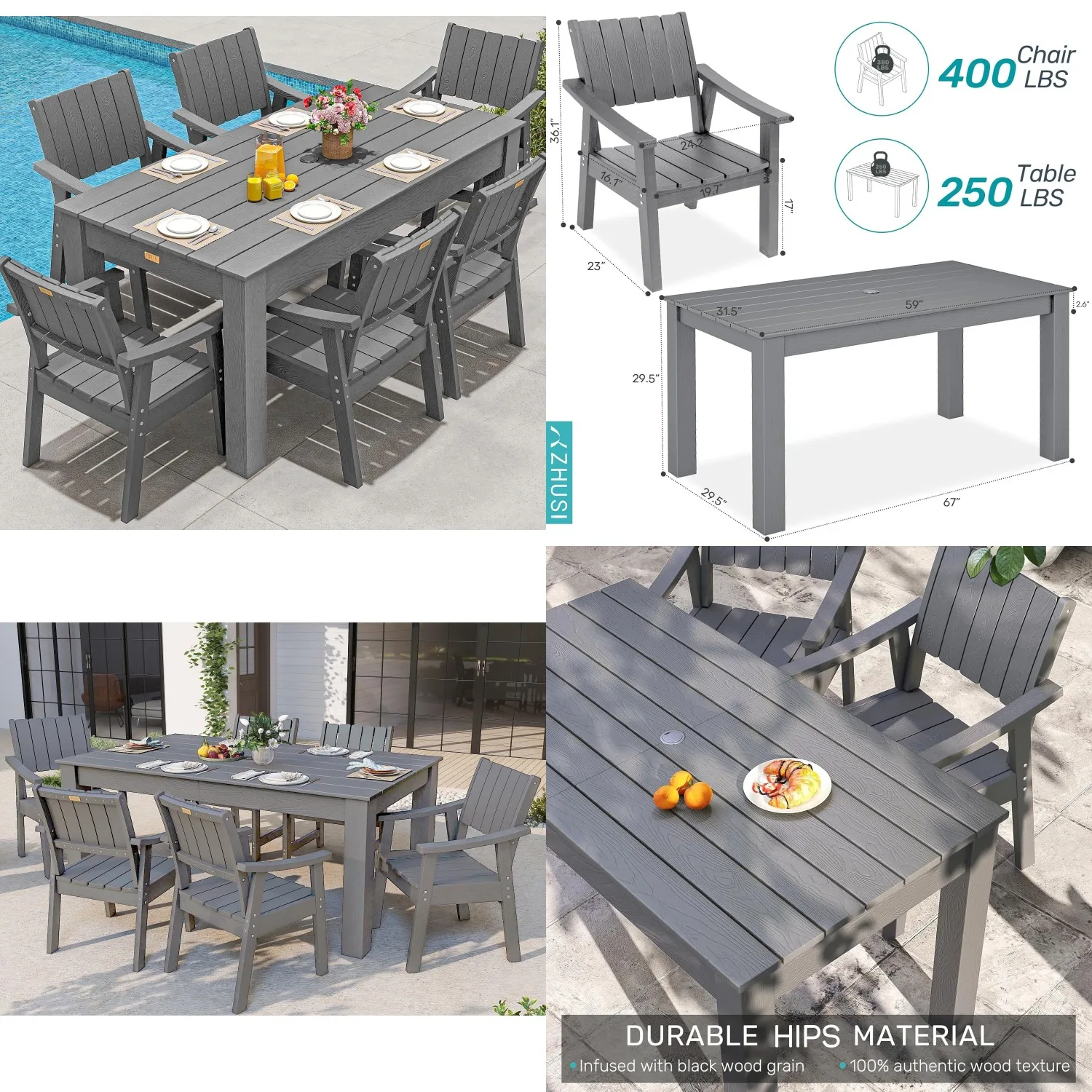 All-Weather HIPS Patio Dining Set w/ Umbrella Hole for Backyard Poolside Porch Grey Customized
All-Weather HIPS Patio Dining Set w/ Umbrella Hole for Backyard Poolside Porch Grey Customized