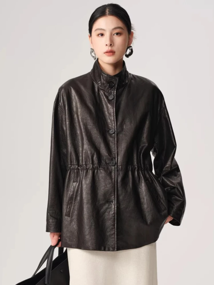 Vintage Genuine Leather Jackets Women Spring Autumn High-end Simple Stand Collar Loose Soft Oil Wax Real Goatskin Leather Coat
Vintage Genuine Leather Jackets Women Spring Autumn High-end Simple Stand Collar Loose Soft Oil Wax Real Goatskin Leather Coat