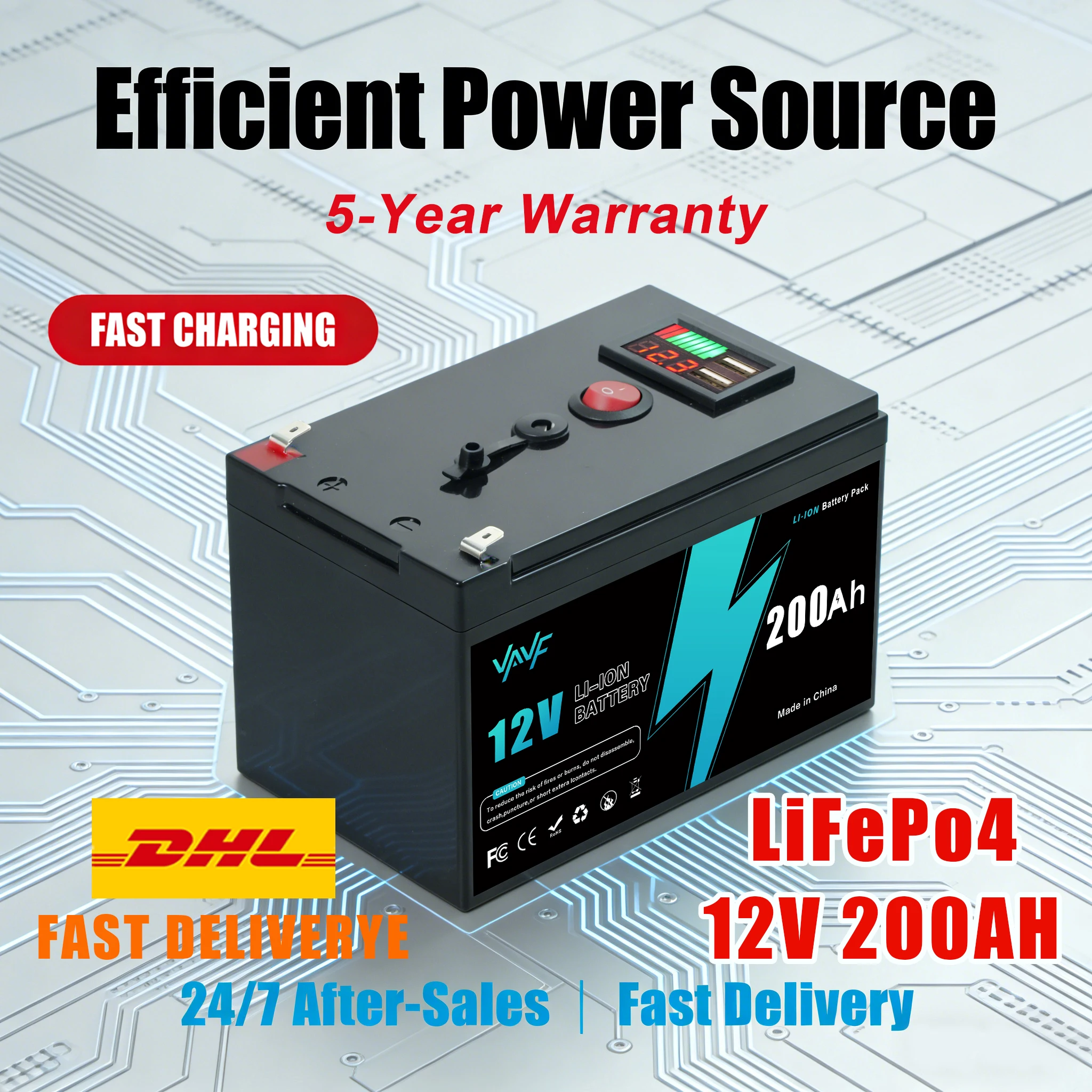 Lithium Battery 12V200AhLithium Iron Phosphate Battery w/ Enhanced BMS-Perfect for Solar Storage, RV, Boat, Solar Battery
Lithium Battery 12V200AhLithium Iron Phosphate Battery w/ Enhanced BMS-Perfect for Solar Storage, RV, Boat, Solar Battery