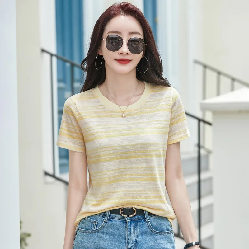 Women's Yellow Striped Crew Neck T-Shirt Short Sleeve Casual Summer TopYY239
Women's Yellow Striped Crew Neck T-Shirt Short Sleeve Casual Summer TopYY239