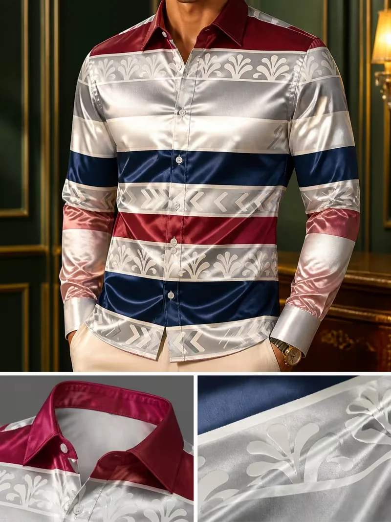 New horizontal relief floral leaf dark patterned long sleeved shirt with smooth drape and satin lapel for men
New horizontal relief floral leaf dark patterned long sleeved shirt with smooth drape and satin lapel for men