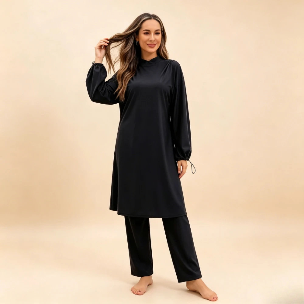 2026 New 3-Piece Drawstring Cuff Balloon Sleeve Muslim Burkini Swimsuit Loose Long Tunic Straight Pants Modest Islamic Swimwear
2026 New 3-Piece Drawstring Cuff Balloon Sleeve Muslim Burkini Swimsuit Loose Long Tunic Straight Pants Modest Islamic Swimwear