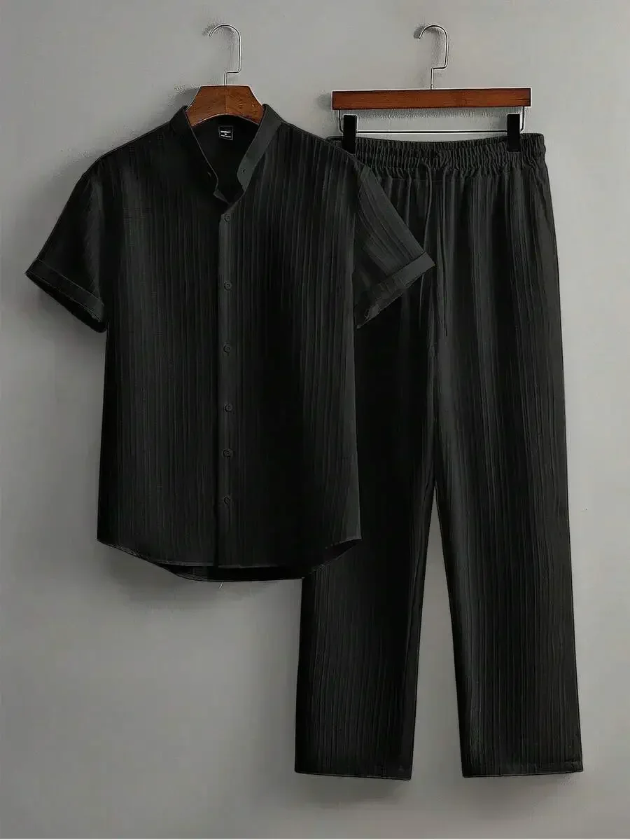 Mens Summer Solid Color Short Sleeve Stand Collar Shirt And Elastic Waist Pants Casual Set
Mens Summer Solid Color Short Sleeve Stand Collar Shirt And Elastic Waist Pants Casual Set