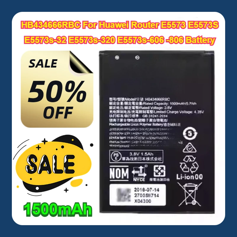 1500mAh HB434666RBC For Huawei Router E5573 E5573S E5573s-32 E5573s-320 E5573s-606 -806 Battery
1500mAh HB434666RBC For Huawei Router E5573 E5573S E5573s-32 E5573s-320 E5573s-606 -806 Battery