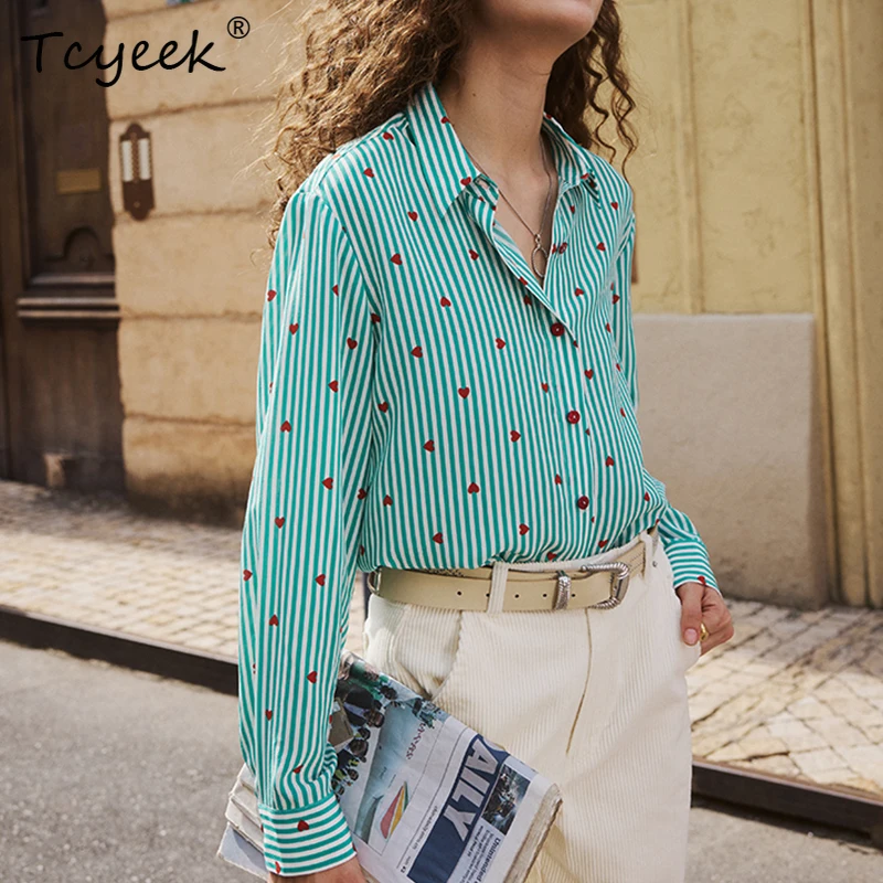 Tcyeek 16MM 100%Real Silk Elegant Shirt,Women Retro Stripe Print,Long Sleeve Loose Commute Blouse,2024 Spring New T42123QD
Tcyeek 16MM 100%Real Silk Elegant Shirt,Women Retro Stripe Print,Long Sleeve Loose Commute Blouse,2024 Spring New T42123QD