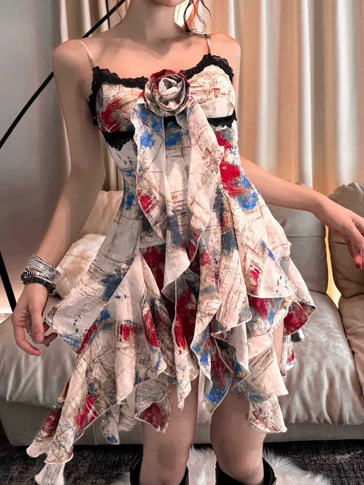 Summer Vintage Design Sweet Cool Spicy Girl Lace Print Halter Vest Skirt Women's Irregular Ruffle Top Retro Style Dress
Summer Vintage Design Sweet Cool Spicy Girl Lace Print Halter Vest Skirt Women's Irregular Ruffle Top Retro Style Dress