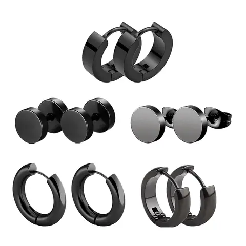 5 Pair Black Earrings Stainless Steel Ear Hoops for Men and Women