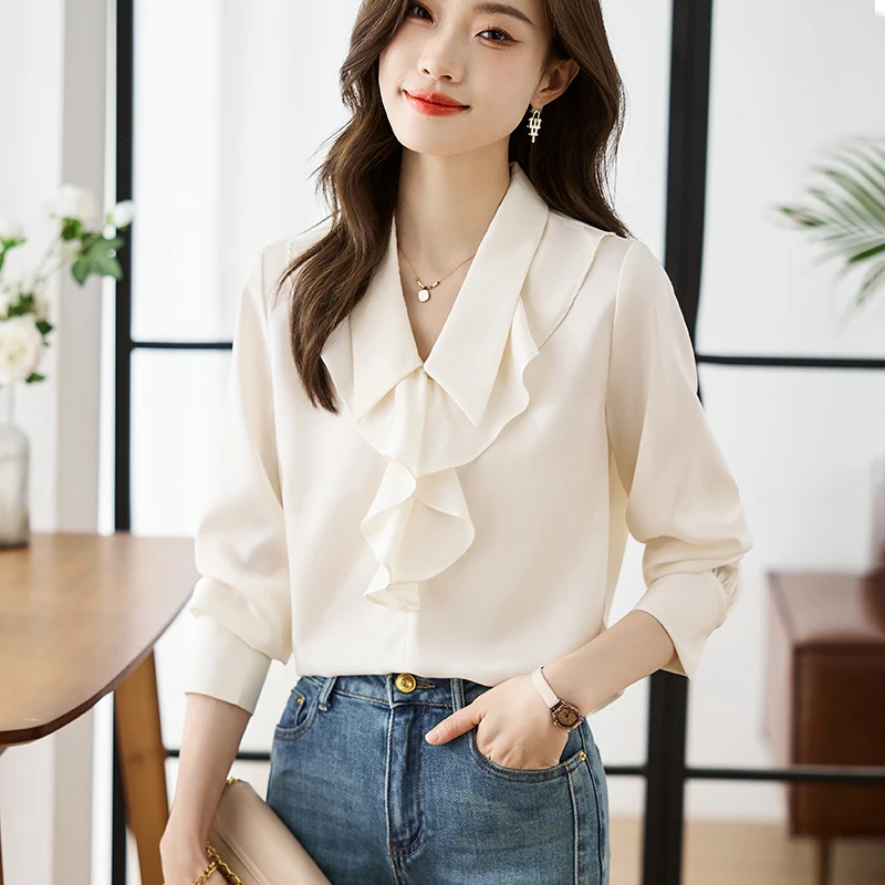 Women's Shirt Ruffled Long Sleeve Shirt Korean Professional Solid Color Long Sleeve Womens Top
Women's Shirt Ruffled Long Sleeve Shirt Korean Professional Solid Color Long Sleeve Womens Top