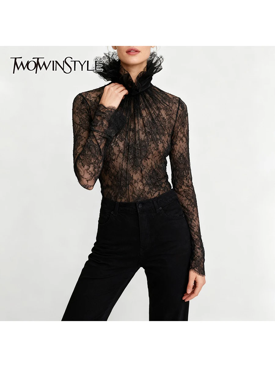 TWOTWINSTYLE Slimming Sheer Spliced Lace Sexy Blouses for Women High Neck Long Sleeves Patchwork Shirring Blouse Female Clothing
TWOTWINSTYLE Slimming Sheer Spliced Lace Sexy Blouses for Women High Neck Long Sleeves Patchwork Shirring Blouse Female Clothing