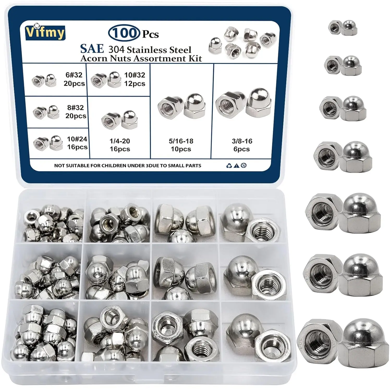 304 Stainless Steel Acorn Nuts Assortment Kit 100PCS, 7 Sizes SAE Hex Cap Nuts Set for Bolts with Storage Case
304 Stainless Steel Acorn Nuts Assortment Kit 100PCS, 7 Sizes SAE Hex Cap Nuts Set for Bolts with Storage Case