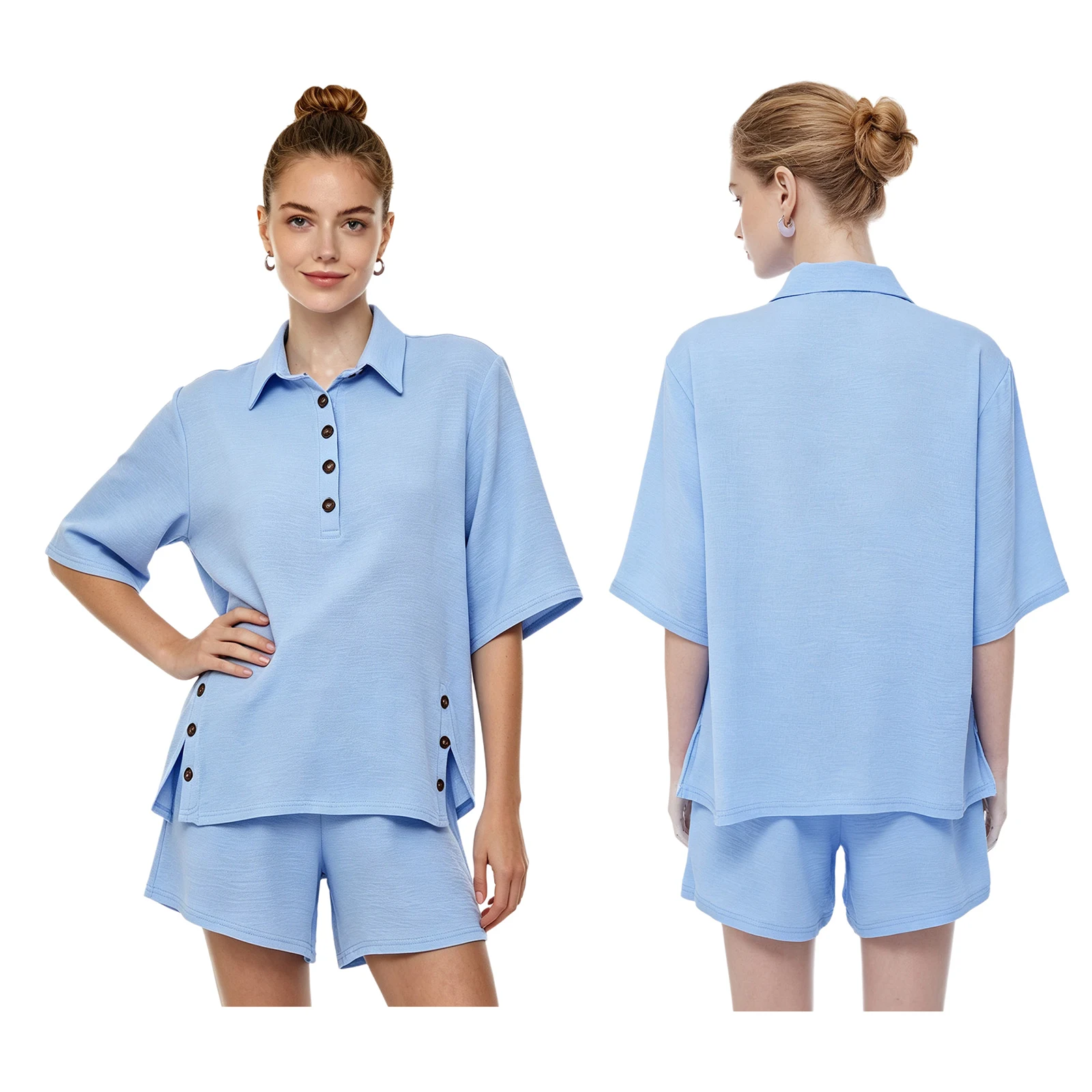Women Summer Casual Loose Outfit Short Sleeve Lapel T-shirt with Pockets Shorts for Office Work Vacation Daily Wear Homewear
Women Summer Casual Loose Outfit Short Sleeve Lapel T-shirt with Pockets Shorts for Office Work Vacation Daily Wear Homewear