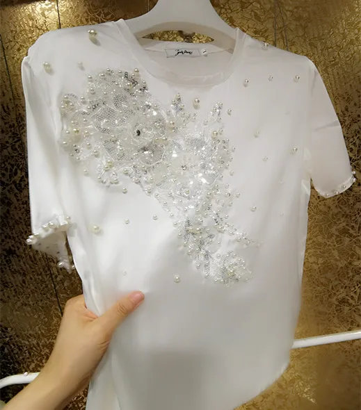 Fairy White Heavy Pearls Beaded White Satin T-Shirts Large 3D Flowers Embroidery Sequins Faux Silk Chiffon Shirt Tees Light Tops
Fairy White Heavy Pearls Beaded White Satin T-Shirts Large 3D Flowers Embroidery Sequins Faux Silk Chiffon Shirt Tees Light Tops