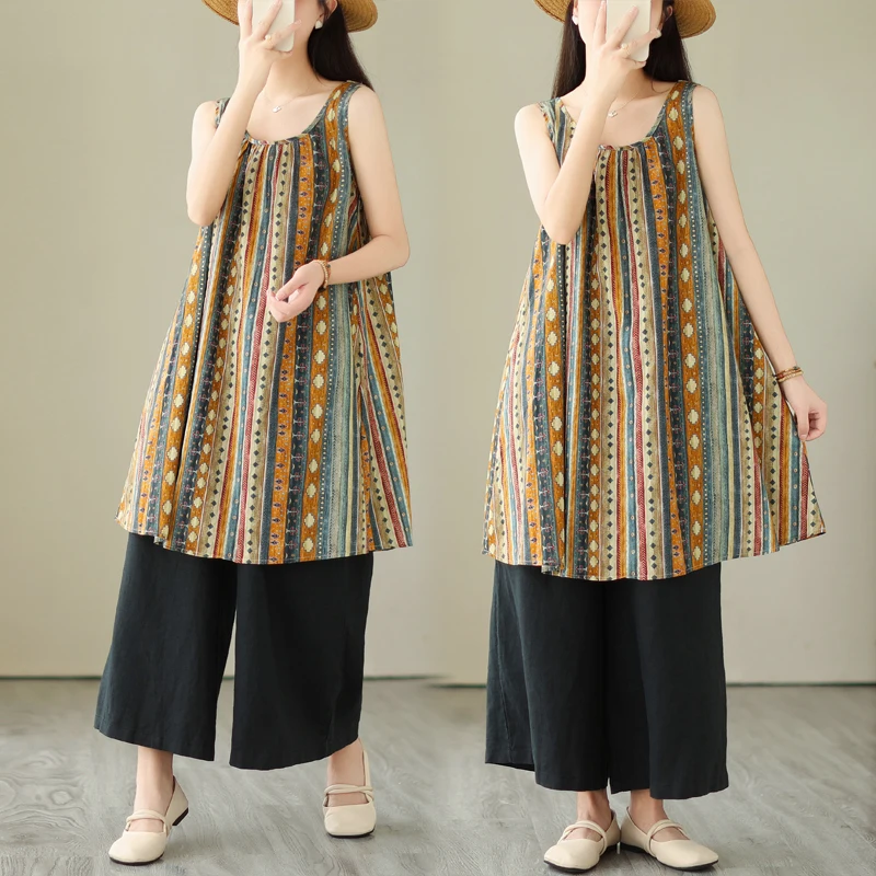 Summer Large Size Women's Loose Sleeveless round Neck Print A-Line Dress Gown New 2024 Shoulder Strap Skirt Ethnic Style
Summer Large Size Women's Loose Sleeveless round Neck Print A-Line Dress Gown New 2024 Shoulder Strap Skirt Ethnic Style