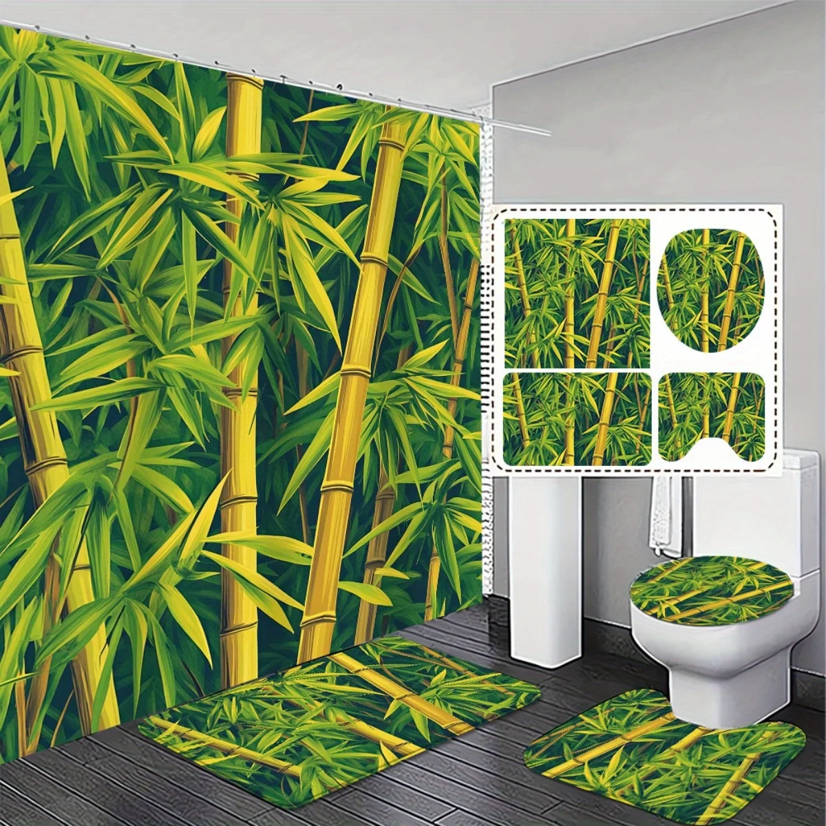 4pcs Fresh and comfortable Beautiful Bamboo Forest Themed High Quality Shower Curtain and Non-Slip Absorbent Bath Mat Set
4pcs Fresh and comfortable Beautiful Bamboo Forest Themed High Quality Shower Curtain and Non-Slip Absorbent Bath Mat Set