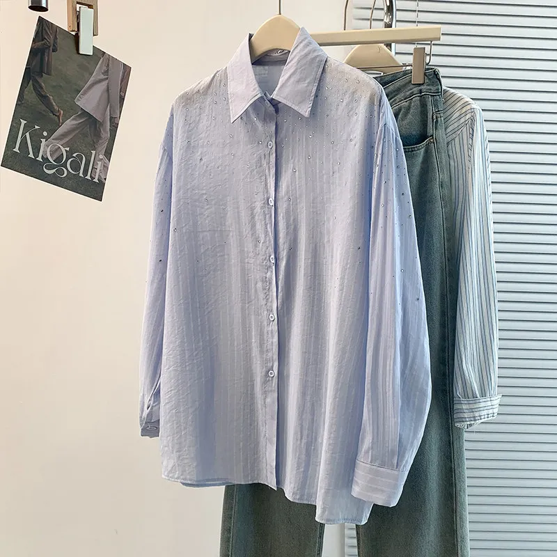 Fashion Hot-fix Rhinestones Long Sleeve Women's Shirt Spring Summer Turn Down Collar Striped Blouse Loose Casual Tops
Fashion Hot-fix Rhinestones Long Sleeve Women's Shirt Spring Summer Turn Down Collar Striped Blouse Loose Casual Tops