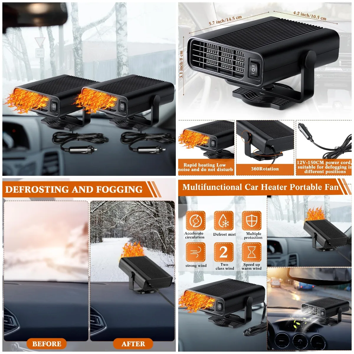 2Pcs 12V 150W Car Heater Defroster with 360° Base, Auto Defogger & Cooling Fan for Cars (Black)
2Pcs 12V 150W Car Heater Defroster with 360° Base, Auto Defogger & Cooling Fan for Cars (Black)