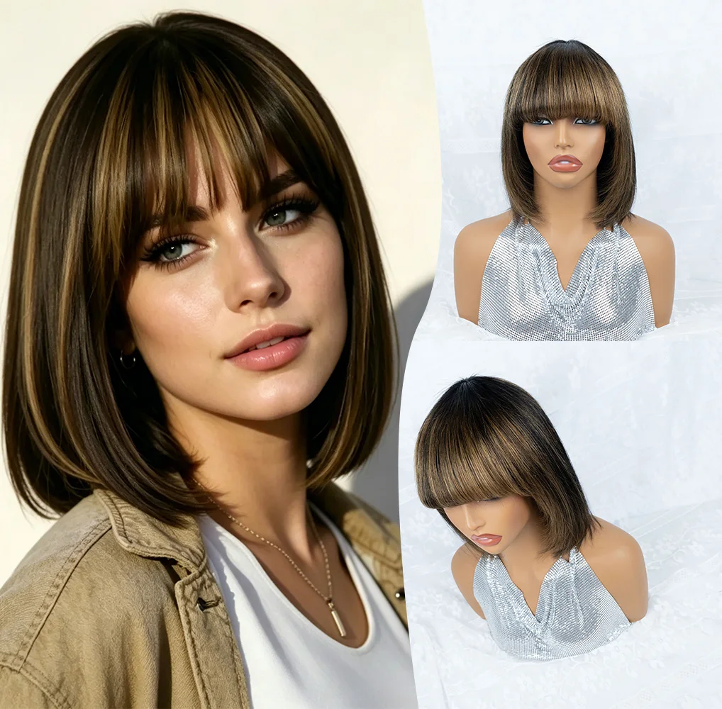 Short Straight 1B/30 Black Brown Highlights Pixie Cut Wig with Bangs Machine Made Ombre Black Brown Bob Human Hair Wig
Short Straight 1B/30 Black Brown Highlights Pixie Cut Wig with Bangs Machine Made Ombre Black Brown Bob Human Hair Wig