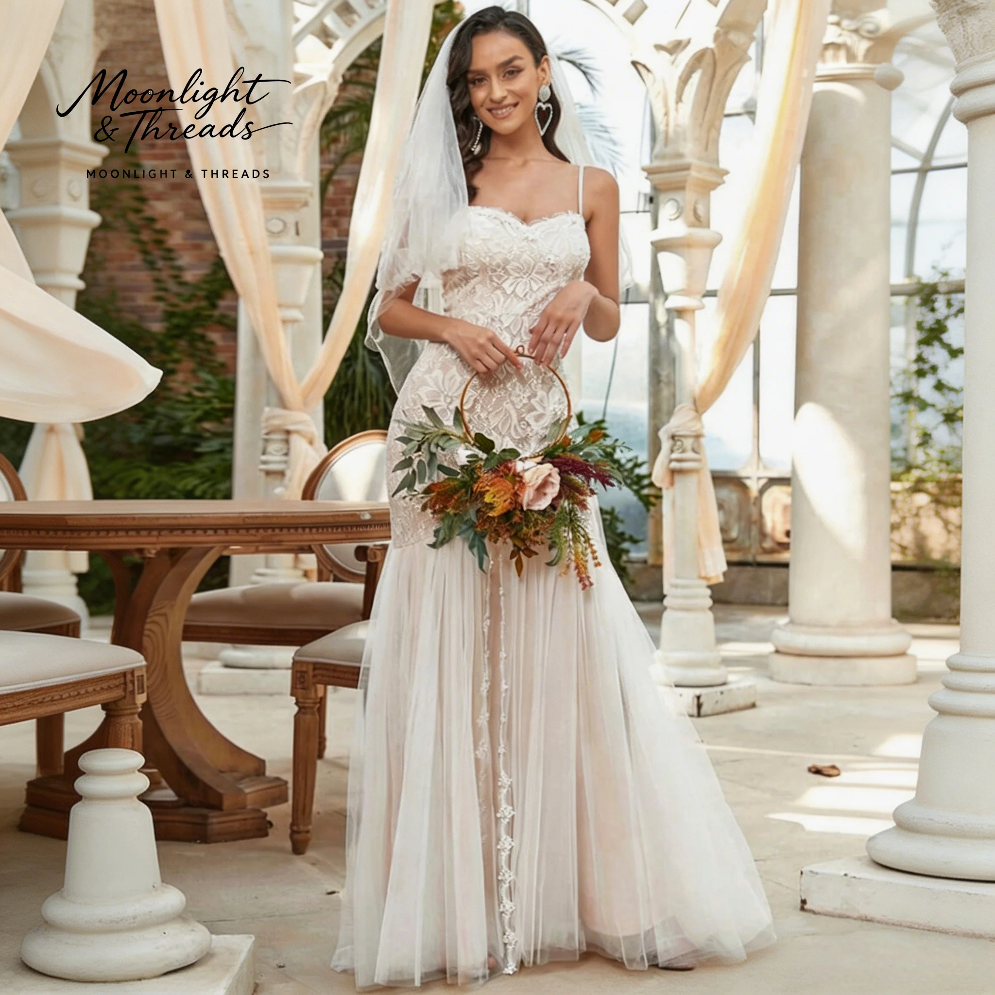 This ivory lace halter-neck mermaid wedding dress features a slit skirt and exquisite embroidery, making it suitable for formal
This ivory lace halter-neck mermaid wedding dress features a slit skirt and exquisite embroidery, making it suitable for formal