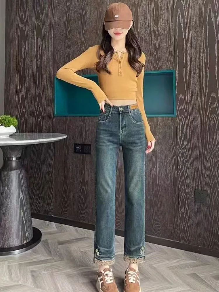 Trousers Spring Autumn Embroidered Straight Leg Woman Cropped Jeans Luxury Designer Teenagers Streetwear Denim Pants for Women
Trousers Spring Autumn Embroidered Straight Leg Woman Cropped Jeans Luxury Designer Teenagers Streetwear Denim Pants for Women