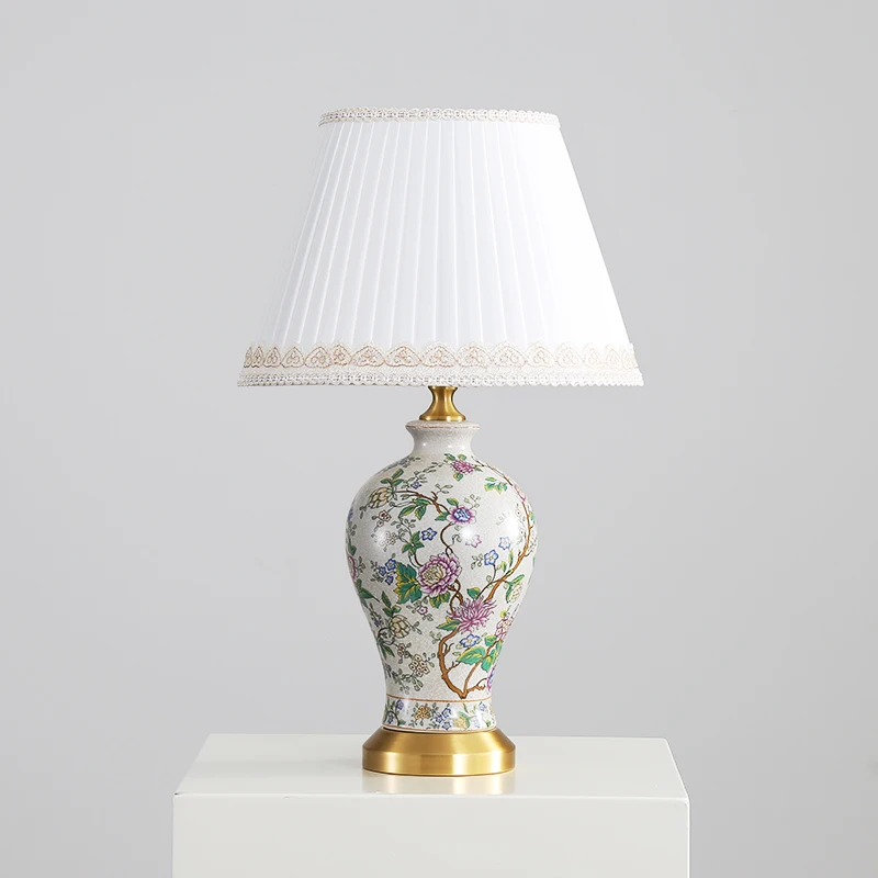 American retro personalized colored flower decoration modern Chinese all-copper ceramic table dimmable warm bedroom bedside lam
American retro personalized colored flower decoration modern Chinese all-copper ceramic table dimmable warm bedroom bedside lam