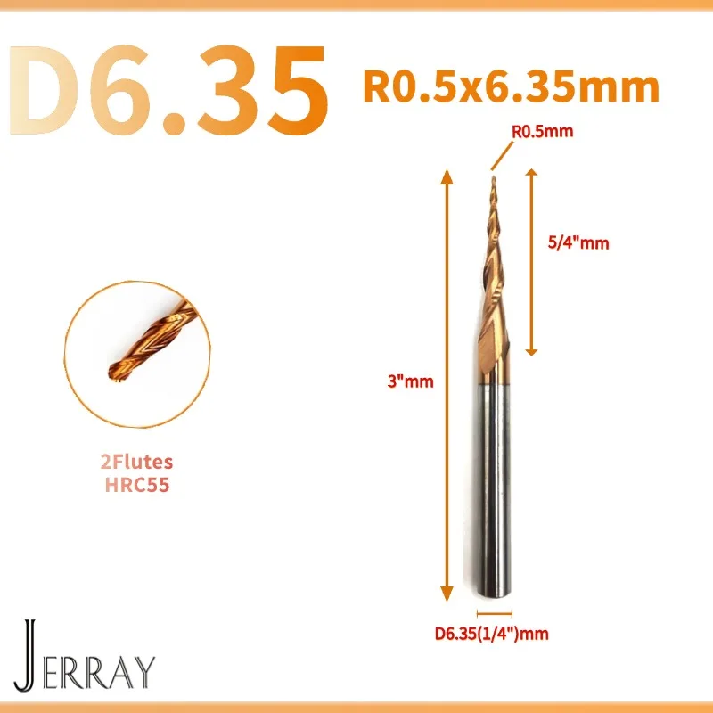 JERRAY R0.5XD6.35mm HRC55 2Flutes Tungsten solid carbide Tapered Ball Nose End Mills 2D 3D Carving Bits Milling cutter
JERRAY R0.5XD6.35mm HRC55 2Flutes Tungsten solid carbide Tapered Ball Nose End Mills 2D 3D Carving Bits Milling cutter