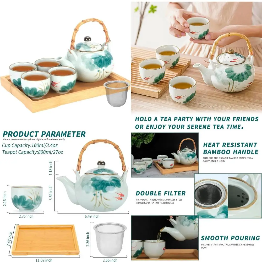 Elegant Porcelain Japanese Tea Set for 4 with Lotus Design, Green & White, Includes Stainless Steel Infuser and Bamboo Tray
Elegant Porcelain Japanese Tea Set for 4 with Lotus Design, Green & White, Includes Stainless Steel Infuser and Bamboo Tray