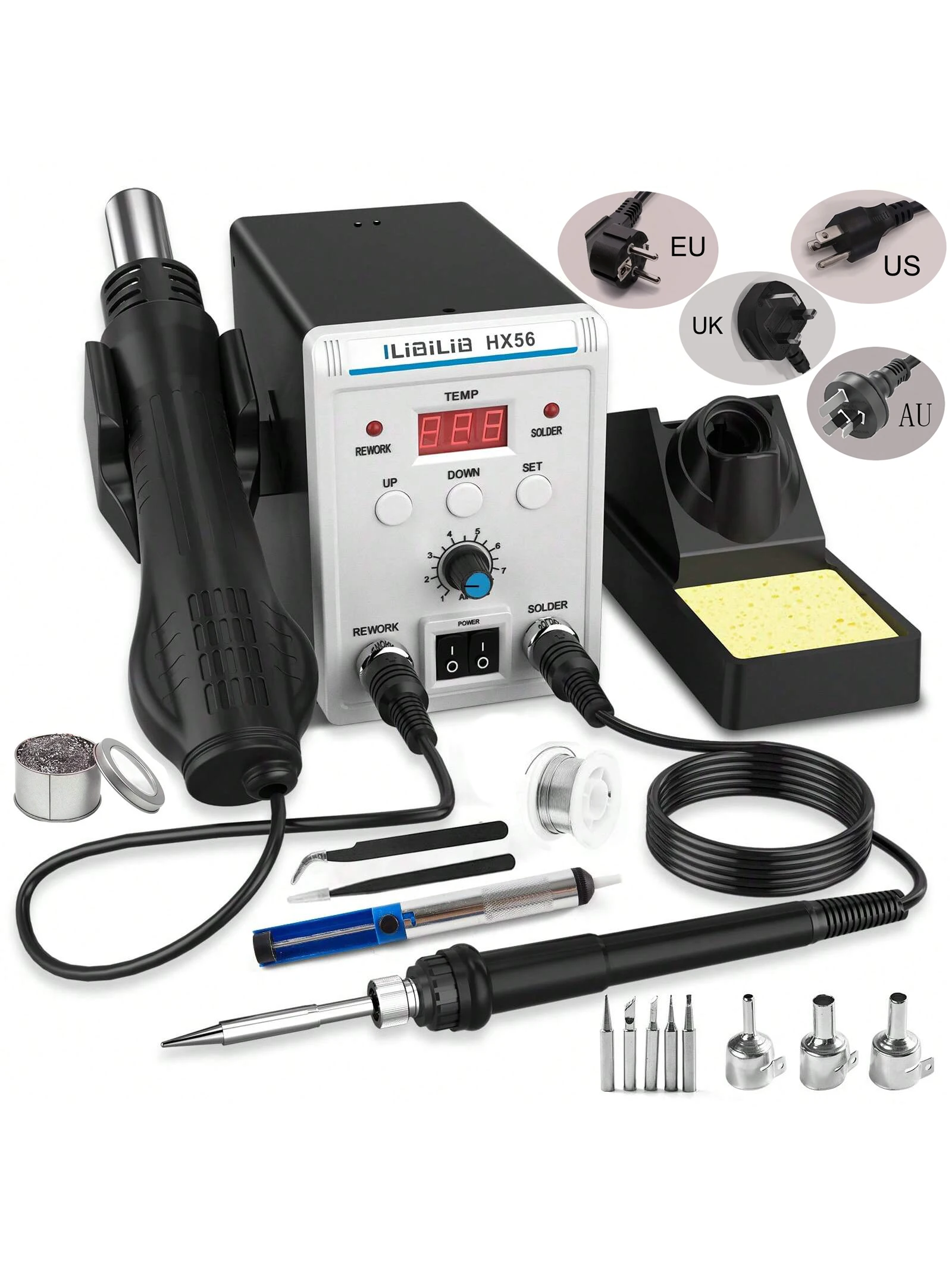 ilibilib HX56 100V-240V Dual-Function Rework Station with Hot Air Gun & Soldering Iron, Built-In Iron Holder & Digital Controls
ilibilib HX56 100V-240V Dual-Function Rework Station with Hot Air Gun & Soldering Iron, Built-In Iron Holder & Digital Controls