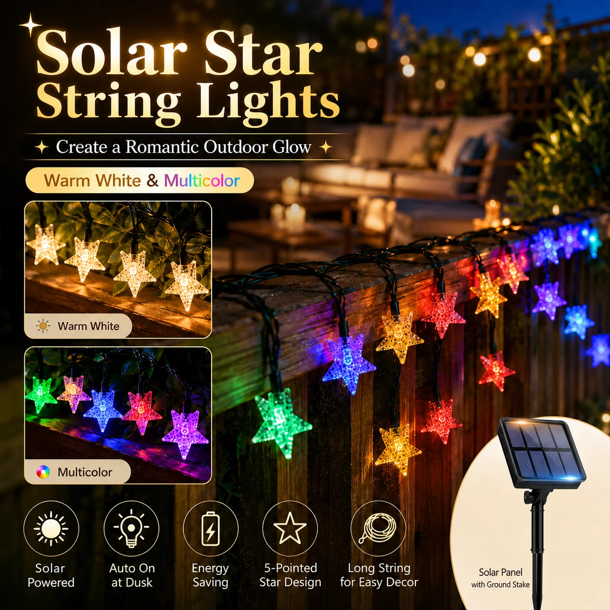 Solar Five-Point Star String Lights 5M/7M/12M 20/50/100LED Warm White Multicolor Outdoor Garden Patio Party Decor
Solar Five-Point Star String Lights 5M/7M/12M 20/50/100LED Warm White Multicolor Outdoor Garden Patio Party Decor