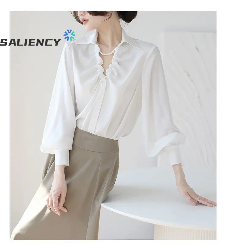 SALIENCY Французская атласная блузка для женщин, весенняя коллекция, элегантный плиссированный топ с v-образным вырезом и драпировкой
SALIENCY Французская атласная блузка для женщин, весенняя коллекция, элегантный плиссированный топ с v-образным вырезом и драпировкой