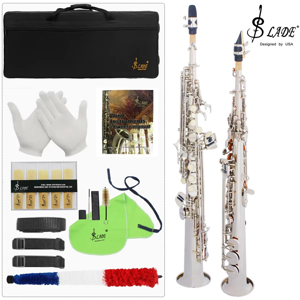 SLADE Soprano Saxophone Straight Tube Down B-Tone Brass Copper Tube Body Carved Flower White Shell Button Silver SLADE Cloth Box
SLADE Soprano Saxophone Straight Tube Down B-Tone Brass Copper Tube Body Carved Flower White Shell Button Silver SLADE Cloth Box