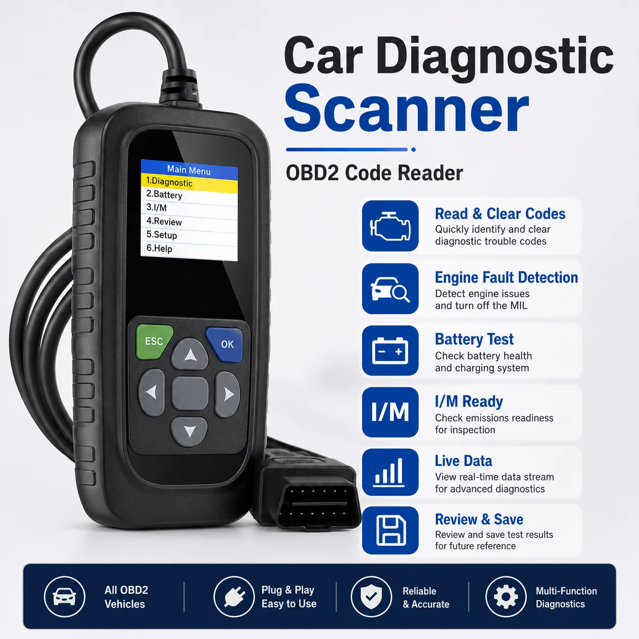 V119 OBD2 Scanner Car Diagnostic Tool Read Clear Codes Engine Fault Detector Battery Voltage Test I/M Readiness Code Reader
V119 OBD2 Scanner Car Diagnostic Tool Read Clear Codes Engine Fault Detector Battery Voltage Test I/M Readiness Code Reader