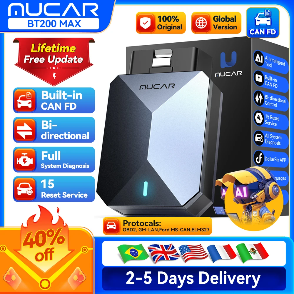 MUCAR BT200 Max OBD2 Scanner CAN FD ELM 327, GM-LAN, Bi-directional scan Tool Full System Diagnois 15 Reset Lifetime Free Update
MUCAR BT200 Max OBD2 Scanner CAN FD ELM 327, GM-LAN, Bi-directional scan Tool Full System Diagnois 15 Reset Lifetime Free Update