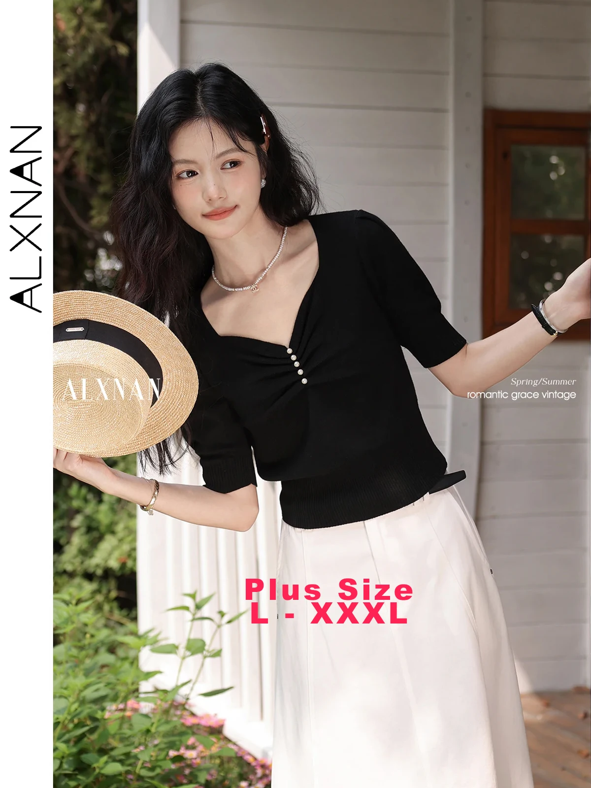 ALXNAN Plus Size Black T-shirt Vintage Short Sleeve Knitted T-shirt Elegant V-neck Pearl Button Korean Style Clothing D105119
ALXNAN Plus Size Black T-shirt Vintage Short Sleeve Knitted T-shirt Elegant V-neck Pearl Button Korean Style Clothing D105119