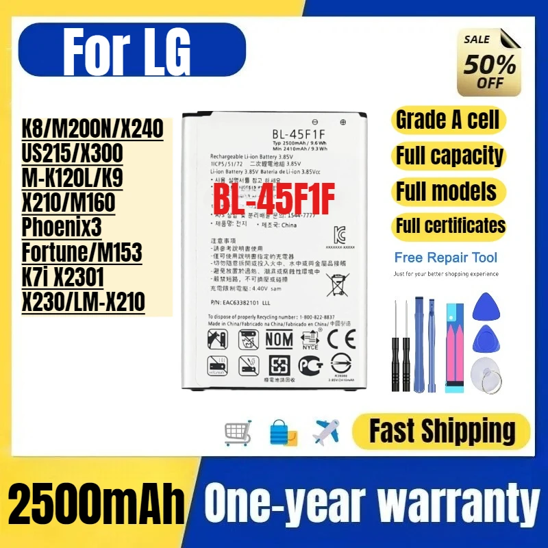 BL-45F1F for LG K8/M200N/X240/US215/X300/M-K120L/K9/X210/M160/Phoenix3/Fortune/M153/K7i X2301/X230/LM-X210 Mobile Phone Battery
BL-45F1F for LG K8/M200N/X240/US215/X300/M-K120L/K9/X210/M160/Phoenix3/Fortune/M153/K7i X2301/X230/LM-X210 Mobile Phone Battery