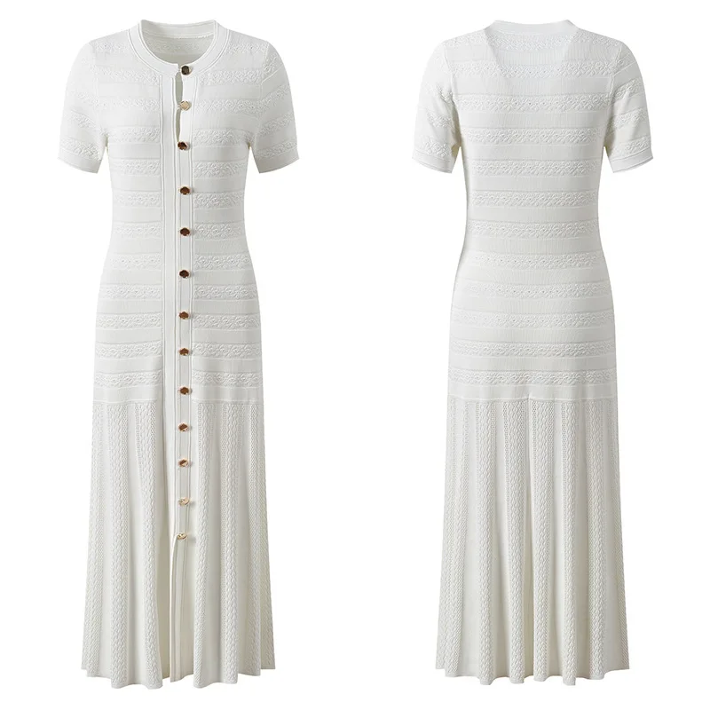 Summer New Brand Fashion Vintage Knitted Dress Women Elegant Hollow Out O-Neck Single Breasted A-Line Long Robe Ladies Vestidos
Summer New Brand Fashion Vintage Knitted Dress Women Elegant Hollow Out O-Neck Single Breasted A-Line Long Robe Ladies Vestidos