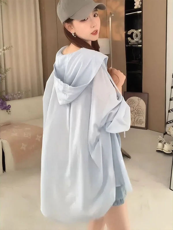 Blue Hooded Long Sve irt Women's Summer Thin Loose Lazy Sle Sun Protection Top Thin Fabric Casual Faion Pure Color
Blue Hooded Long Sve irt Women's Summer Thin Loose Lazy Sle Sun Protection Top Thin Fabric Casual Faion Pure Color