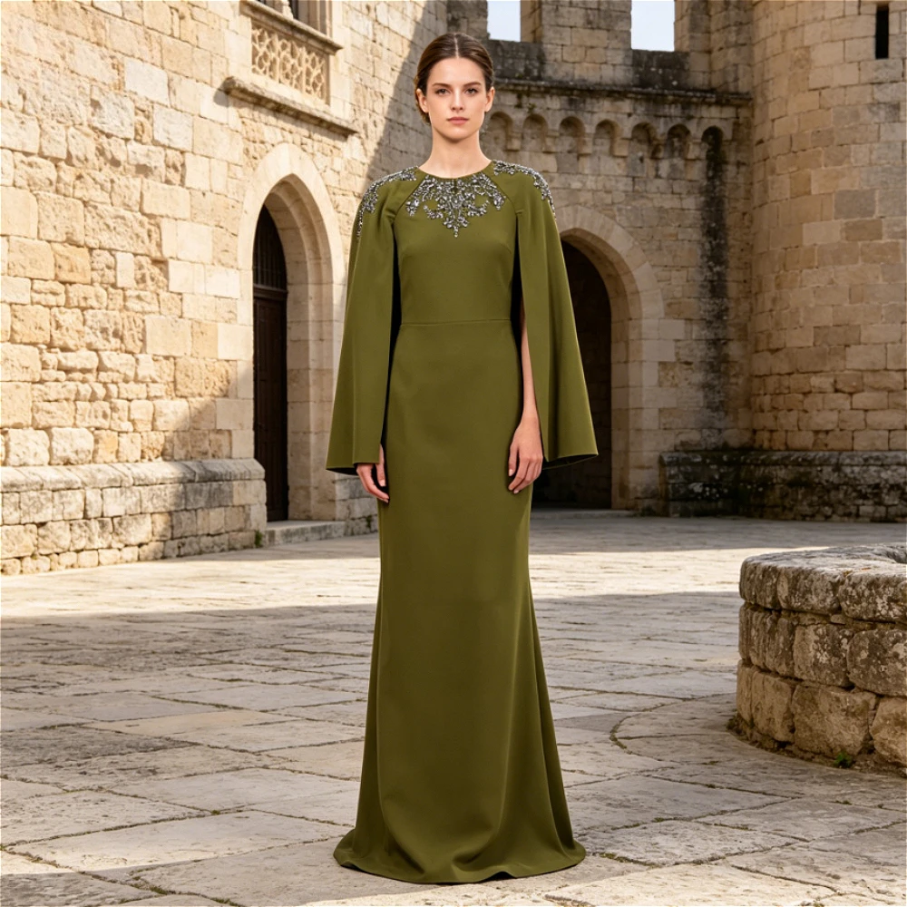 Customized Olive Cape Sleeve Mermaid Mother of Bride Dress Round Neck Rhinestone Beaded Solid Crepe Formal Wedding Guest Gown
Customized Olive Cape Sleeve Mermaid Mother of Bride Dress Round Neck Rhinestone Beaded Solid Crepe Formal Wedding Guest Gown