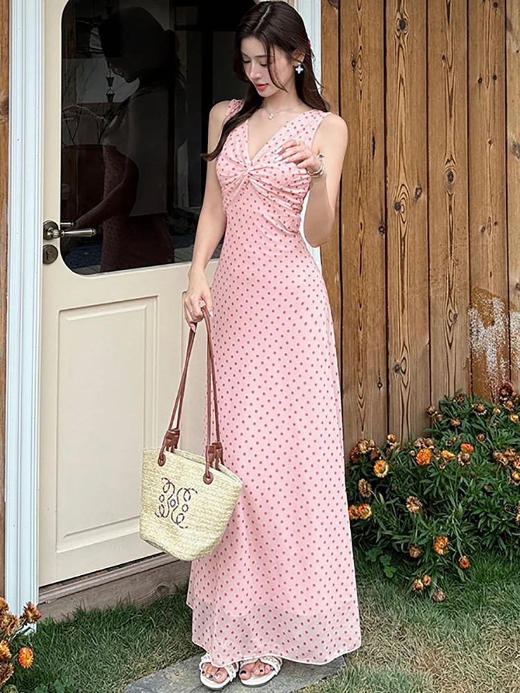 Women Pink Polka Dot Pleated V-Neck Sleeveless Dress 2026 Korean Elegant Casual Holiday Dress Summer Korean Bodycon Party Dress
Women Pink Polka Dot Pleated V-Neck Sleeveless Dress 2026 Korean Elegant Casual Holiday Dress Summer Korean Bodycon Party Dress