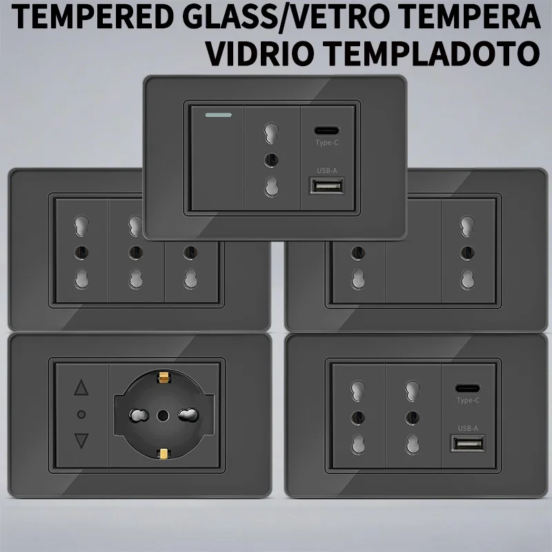T&IEuropean Wall Switch Sockets - USB-C Fast Charging, Italy Socket & Chile Schuko Outlet with Tempered Glass Design
T&IEuropean Wall Switch Sockets - USB-C Fast Charging, Italy Socket & Chile Schuko Outlet with Tempered Glass Design