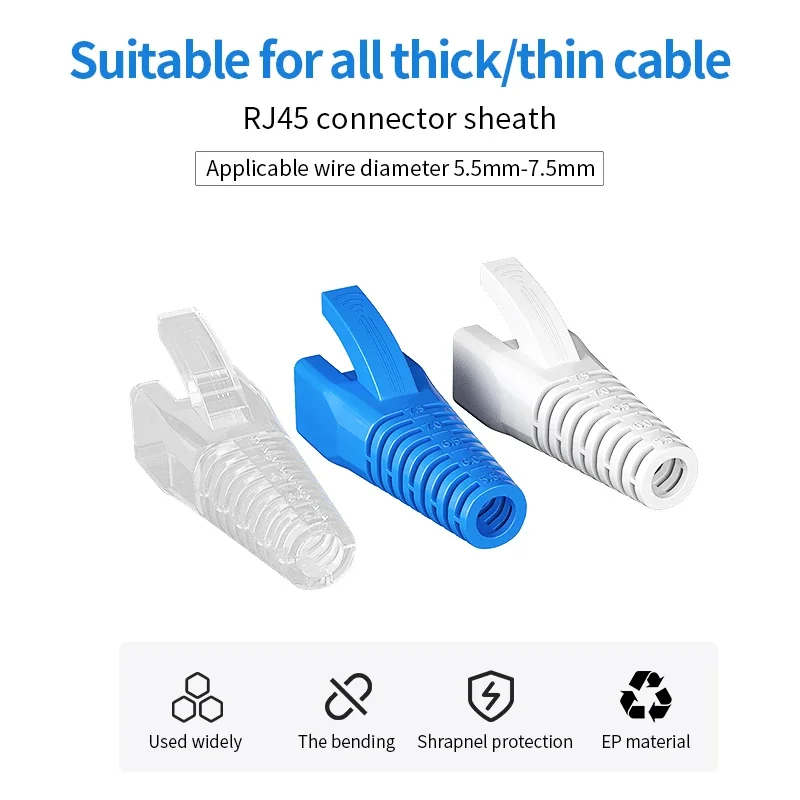 CNCOB 50 шт. RJ45 сетевой кабель Ethernet, ботинки для снятия натяжения кабеля, крышки разъемов для CAT8 CAT7 CAT6A (OD: 5,5 мм ~ 7,5 мм)
CNCOB 50 шт. RJ45 сетевой кабель Ethernet, ботинки для снятия натяжения кабеля, крышки разъемов для CAT8 CAT7 CAT6A (OD: 5,5 мм ~ 7,5 мм)