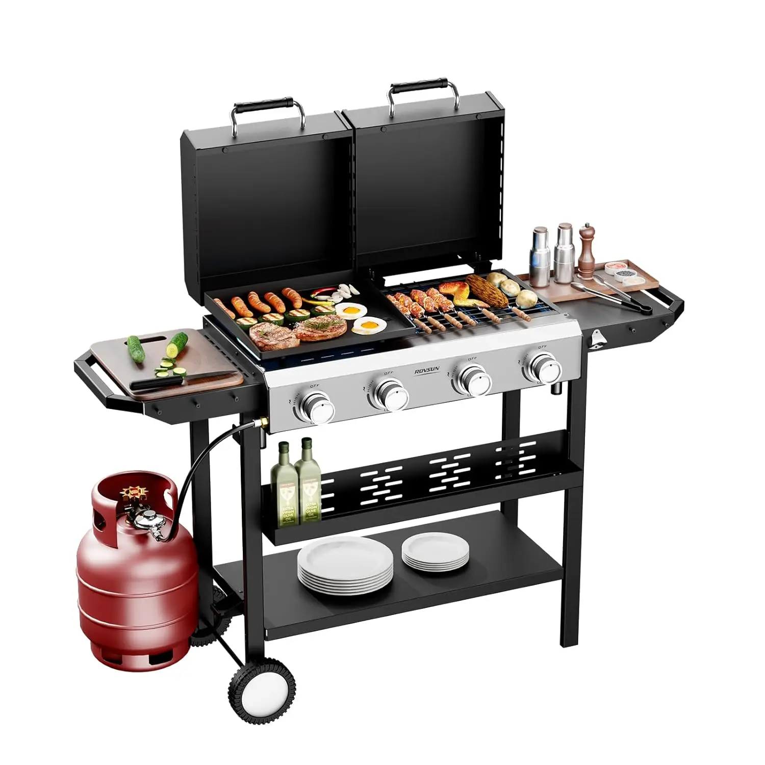 2-in-1 Propane Gas Grill and Griddle Combo with Lid, 4 Burner Standing Flat Top Griddle & Grill with 40000BTU, Customized
2-in-1 Propane Gas Grill and Griddle Combo with Lid, 4 Burner Standing Flat Top Griddle & Grill with 40000BTU, Customized