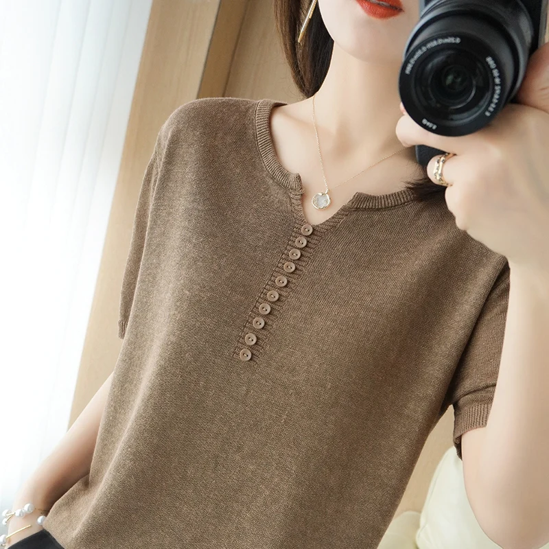 Women's T-shirt Summer New Worsted wool Knitted Short Sleeve Casual Button Blouse Ladies' Clothes V Pullover Tees Loose Tops
Women's T-shirt Summer New Worsted wool Knitted Short Sleeve Casual Button Blouse Ladies' Clothes V Pullover Tees Loose Tops