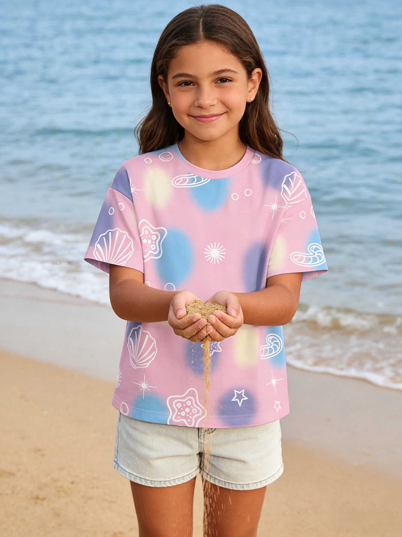 2026 girls pink purple blue gradual change sea shell starfish print short sleeve T-shirt, casual top
2026 girls pink purple blue gradual change sea shell starfish print short sleeve T-shirt, casual top