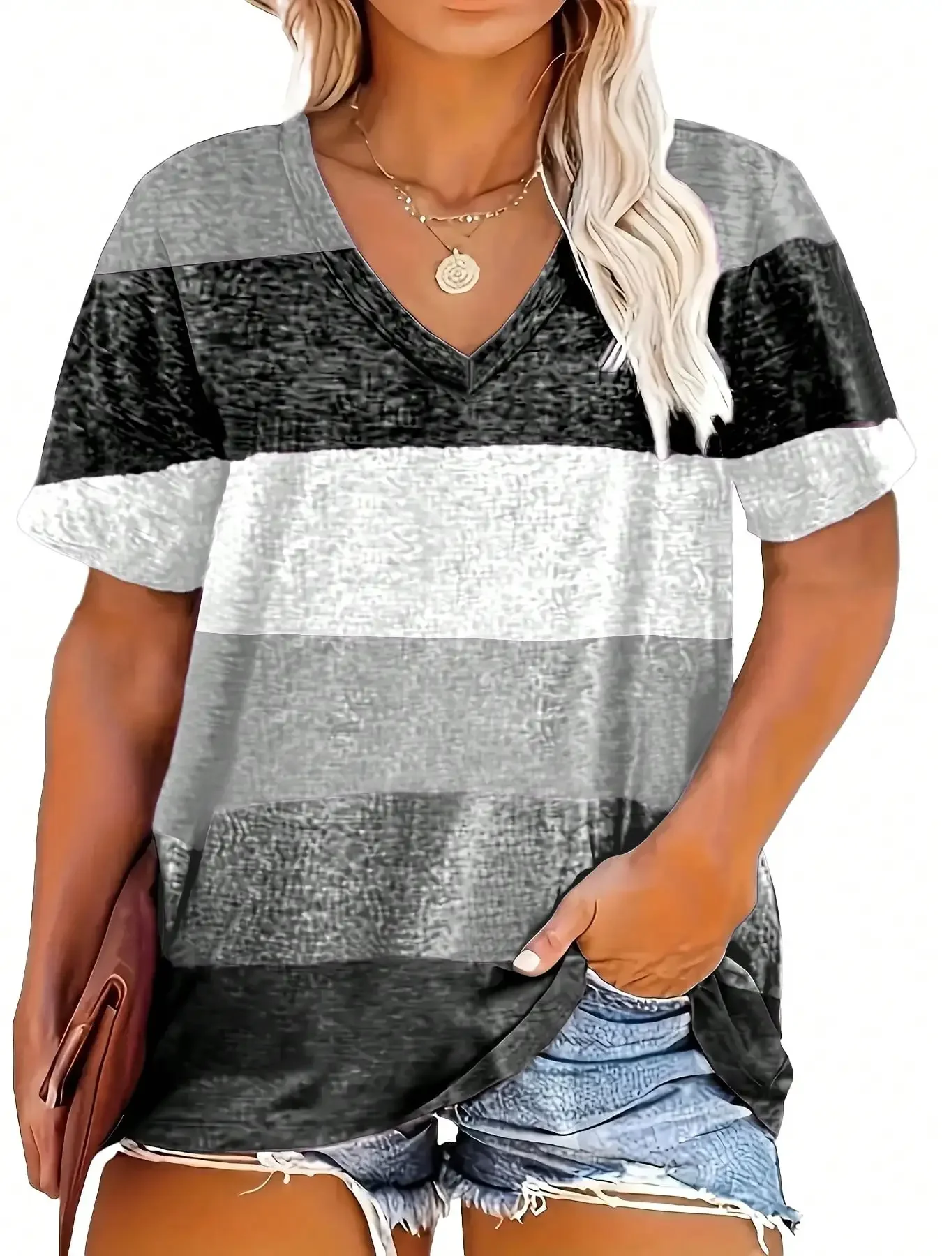 Plus Size 0XL-5XL Women's Fashion Striped Print T-Shirt Ladies Casual V Neck Short Sleeve Loose Summer T-Shirt
Plus Size 0XL-5XL Women's Fashion Striped Print T-Shirt Ladies Casual V Neck Short Sleeve Loose Summer T-Shirt