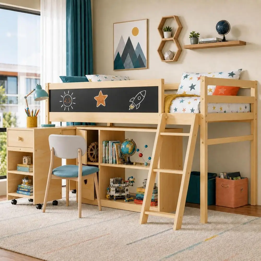 Low Loft Bed with Movable Desk, Twin Size Bunk Beds, Storage & Doodle Board for Kids, Natural Finish
Low Loft Bed with Movable Desk, Twin Size Bunk Beds, Storage & Doodle Board for Kids, Natural Finish